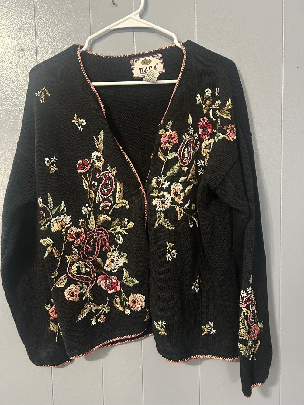 Tiara Black Cardigan with Floral Embroidery and Pink Trim